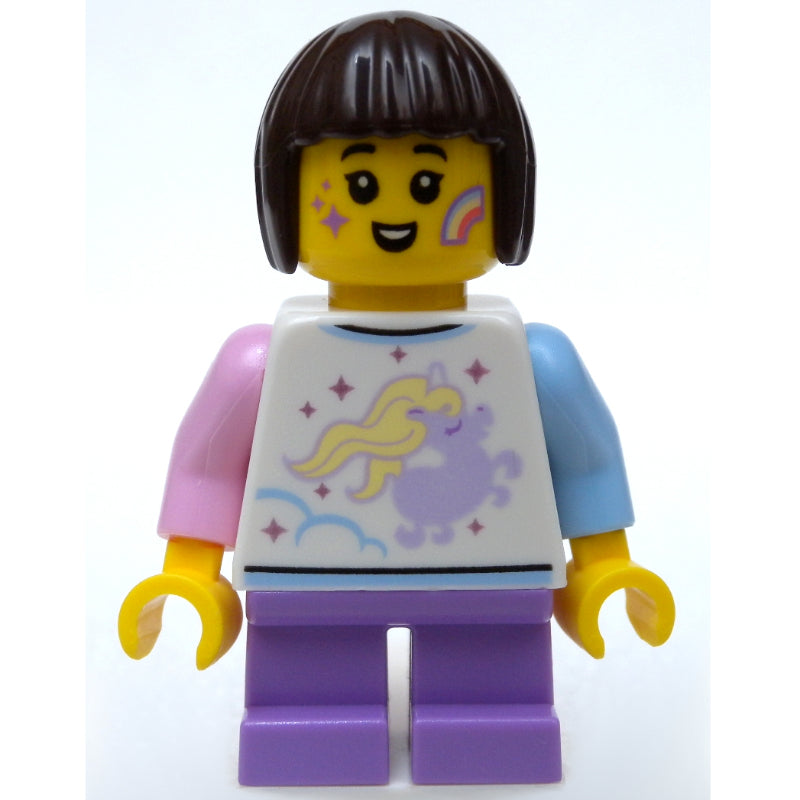fig-007412 – Girl, White Shirt with Unicorn, Short Medium Lavender Legs, Star and Rainbow Face Paint