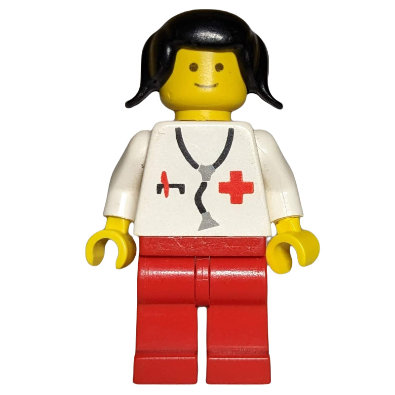 fig-007423 – Doctor, Woman, White Torso with Stethoscope and Red Cross, Red Legs, Black Hair (3626b Head)