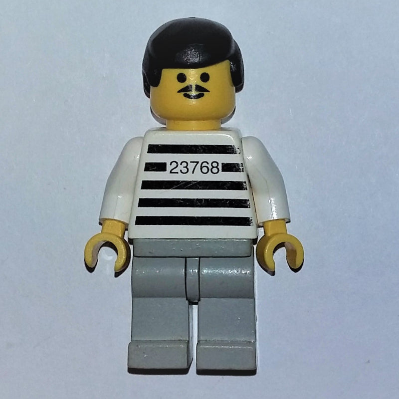 fig-007427 – Jailbreak Joe, Prison Shirt with #23768, Light Bluish Gray Legs, Black Hair, Moustache