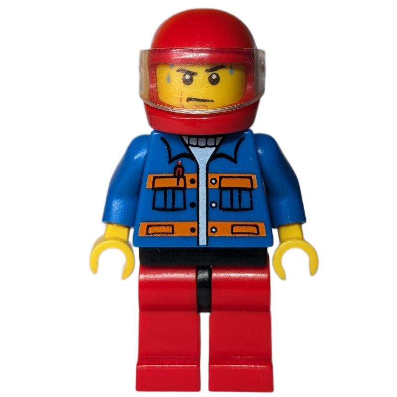 fig-007429 – Man, Blue Jacket with Orange Stripes, Red Legs, Red Helmet with Visor