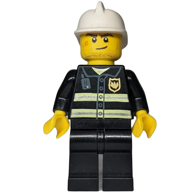 fig-007432 – Fireman, Black Fire Jacket with Badge, White Helmet, Stubble and Scar