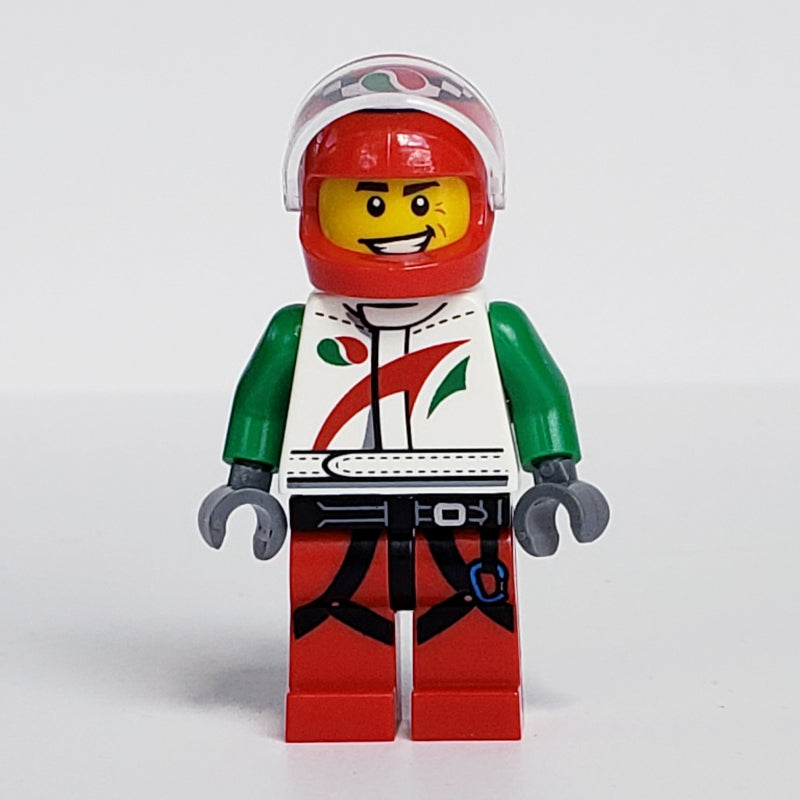 fig-007443 – Racer, White and Green Jacket with Octan Logo, Red Helmet with Trans-Clear Visor