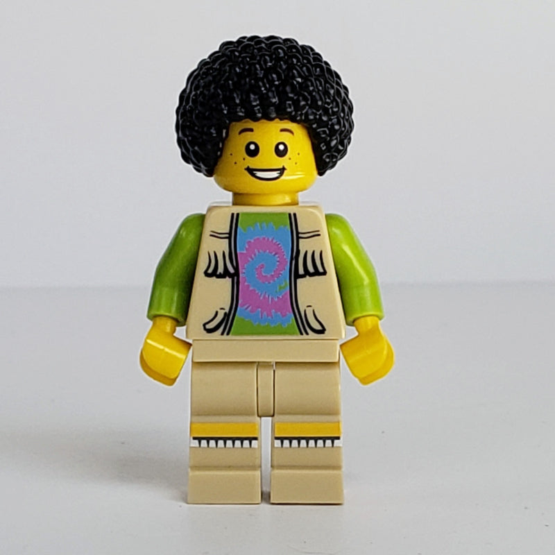 fig-007453 – Musician, Man, Open Vest Jacket over Lime Shirt, Black Afro