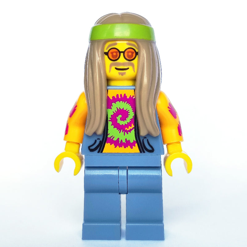 fig-007456 – Flower Child, Open Sand Blue Vest over Bright Light Orange Shirt, Long Dark Tan Hair