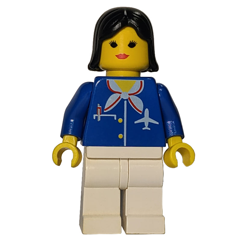 fig-007459 – Airline Worker, Woman, Blue Jacket with Plane Logo and White Scarf, White Legs, Black Hair, Red Lips