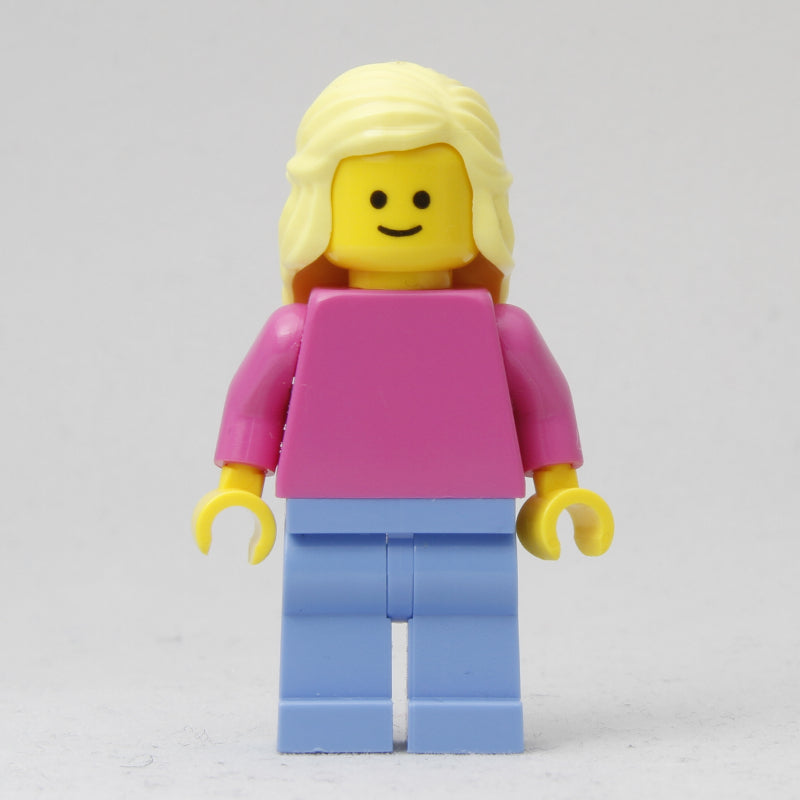 fig-007478 – Woman, Plain Dark Pink Torso, Medium Blue Legs, Bright Light Yellow Hair