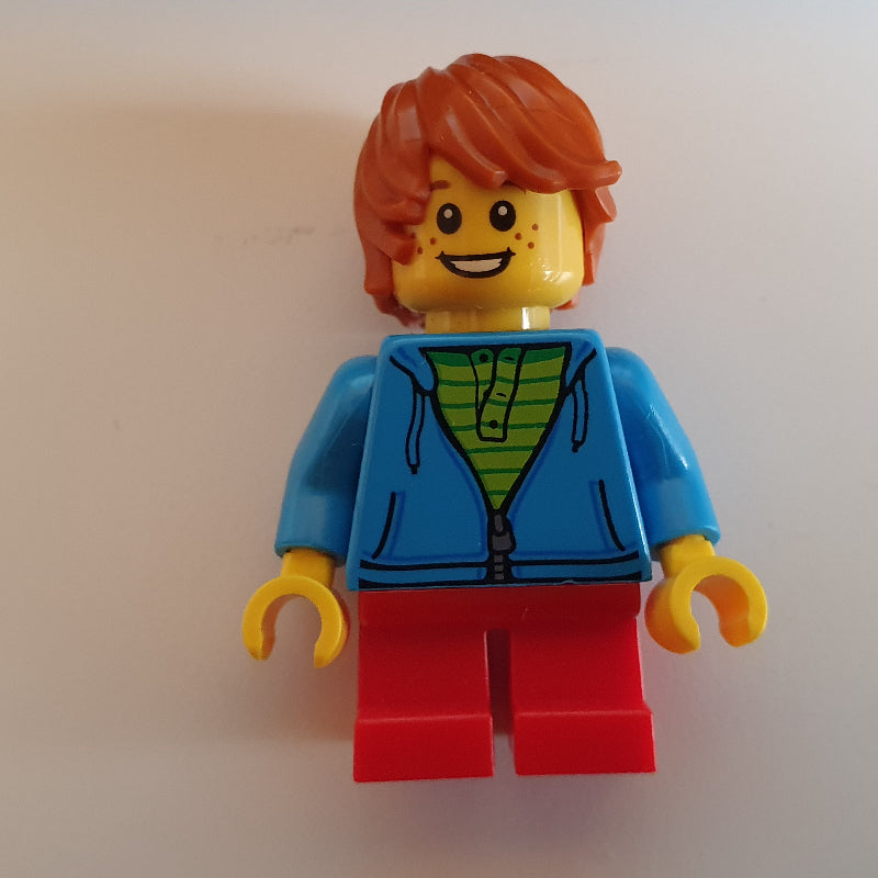 fig-007482 – Boy, Open Dark Azure Hoodie with Zipper, Short Red Legs, Dark Orange Hair