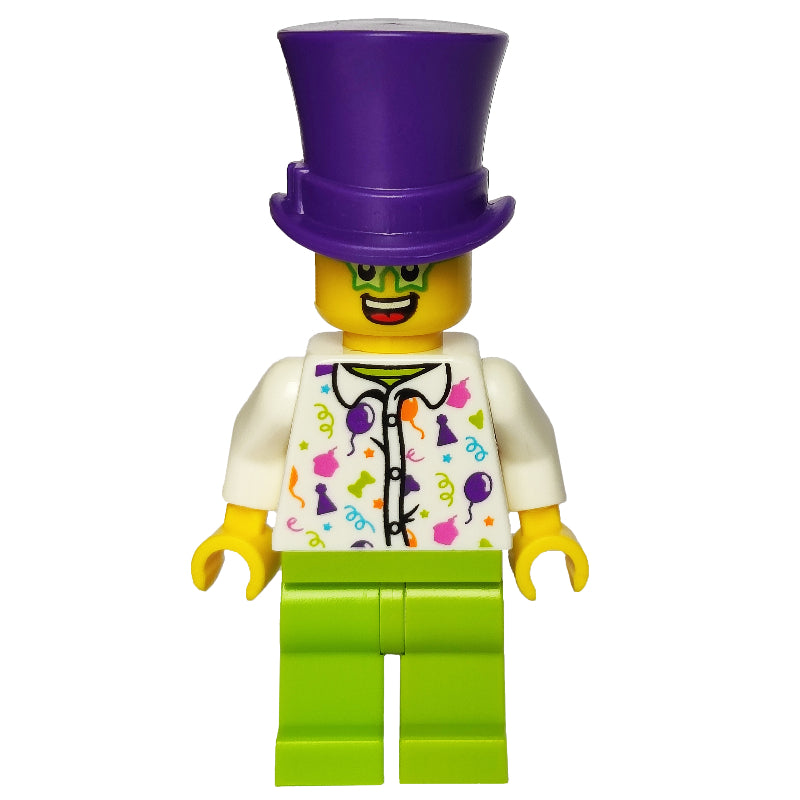 fig-007483 – Man, White Shirt with Balloons, Party Hats, and Streamers, Lime Legs, Dark Purple Top Hat, Star Glasses