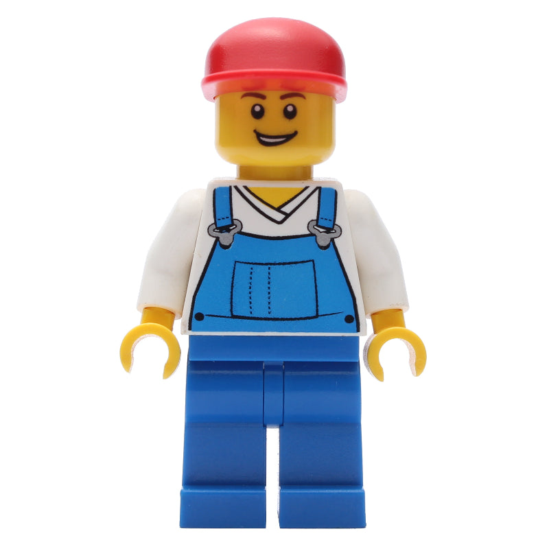 fig-007485 – Man, Blue Overalls over White V-Neck Shirt, Red Cap, Open Mouth
