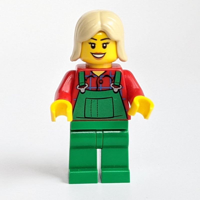 fig-007486 – Woman, Green Overalls over Red Paid Shirt, Tan Hair