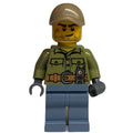 fig-007488 – Volcano Explorer, Man, Olive Green Shirt, Sand Blue Legs, Dark Tan Cap, Stubble