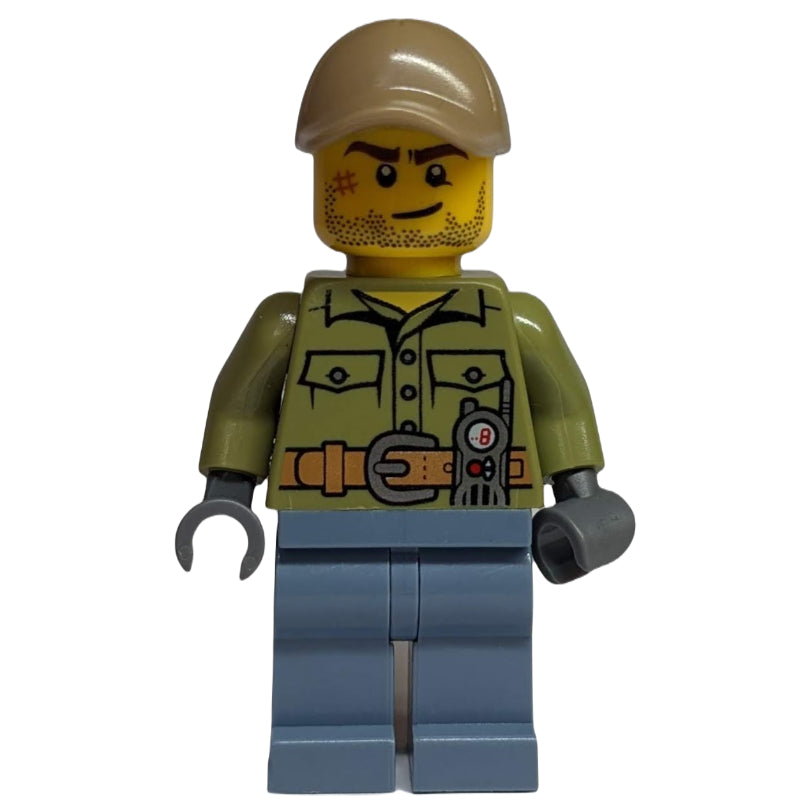 fig-007488 – Volcano Explorer, Man, Olive Green Shirt, Sand Blue Legs, Dark Tan Cap, Stubble