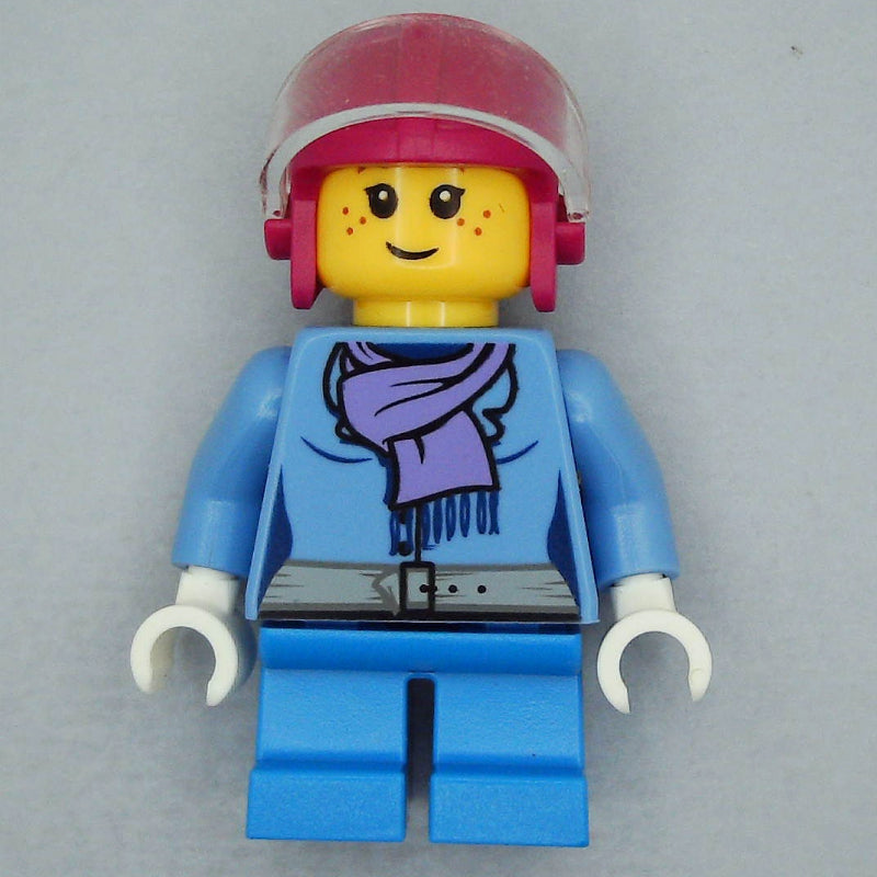fig-007489 – Girl, Medium Blue Jacket with Medium Lavender Scarf, Short Dark Azure Legs, Magenta Helmet with Visor
