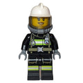 fig-007490 – Firefighter, Female, Black Fire Suit with Gauge and Straps, White Helmet, Breathing Apparatus, Airtanks (3626cpr0893 Head)