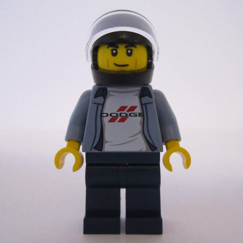 fig-007499 – Race Driver, Sand Blue Torso, Dark Blue Legs, Black Helmet, Dodge