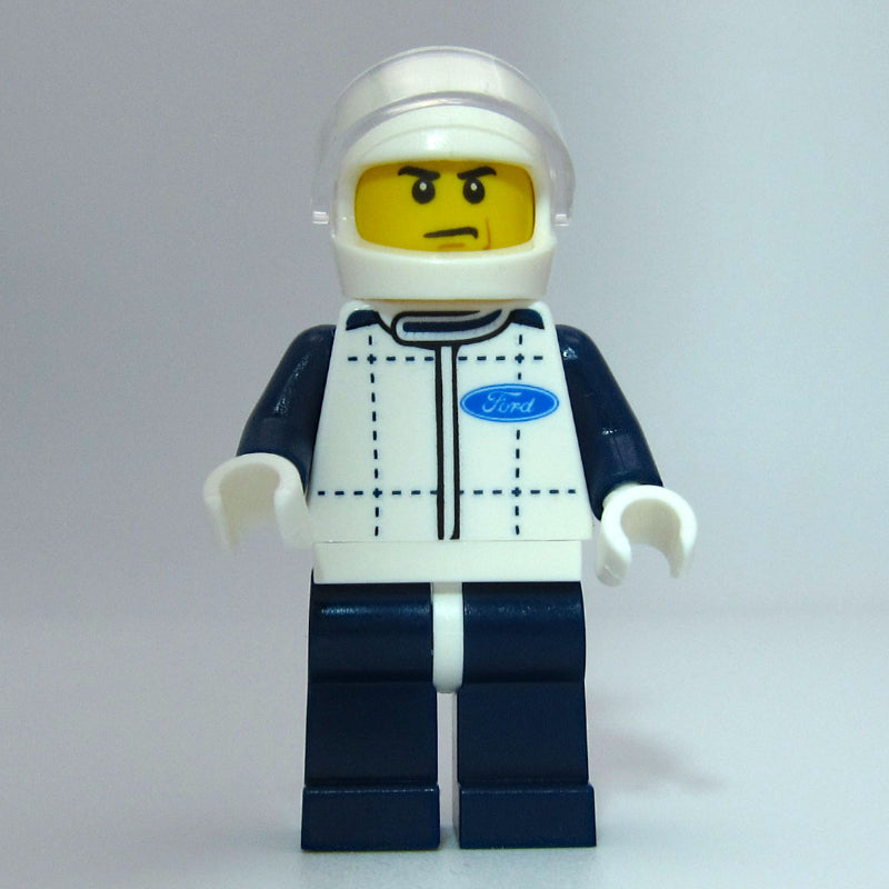 fig-007527 – Race Driver, White Torso, Dark Blue Legs, White Helmet, Ford