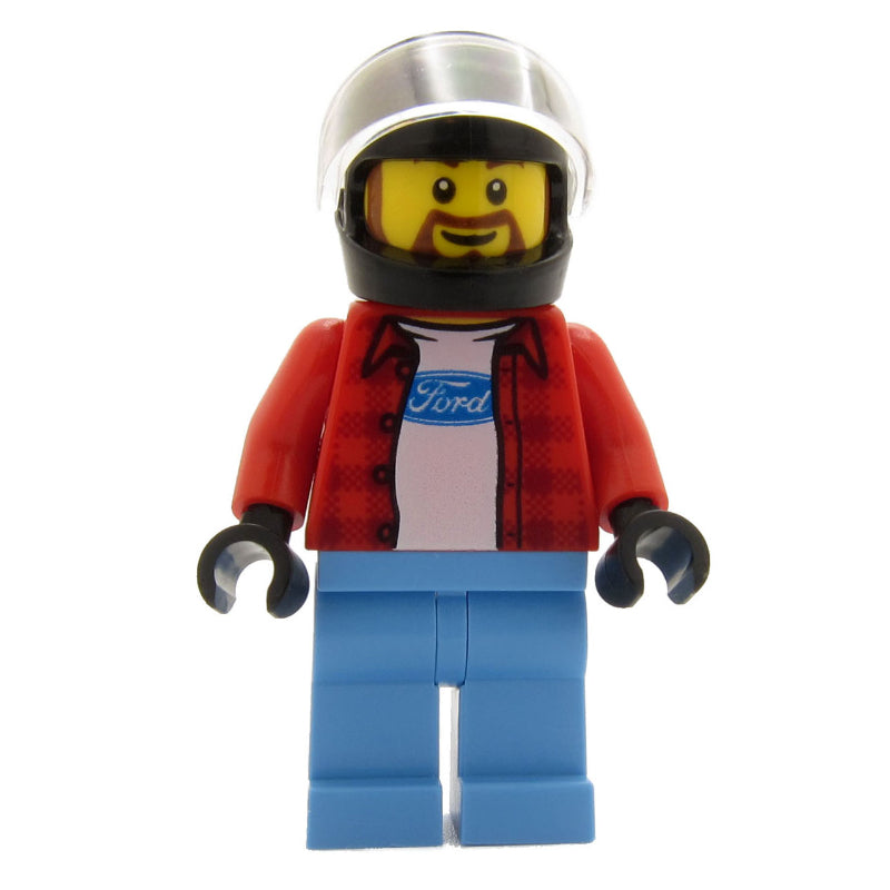 fig-007528 – Race Driver, Red Torso, Medium Blue Legs, Black Helmet, Ford
