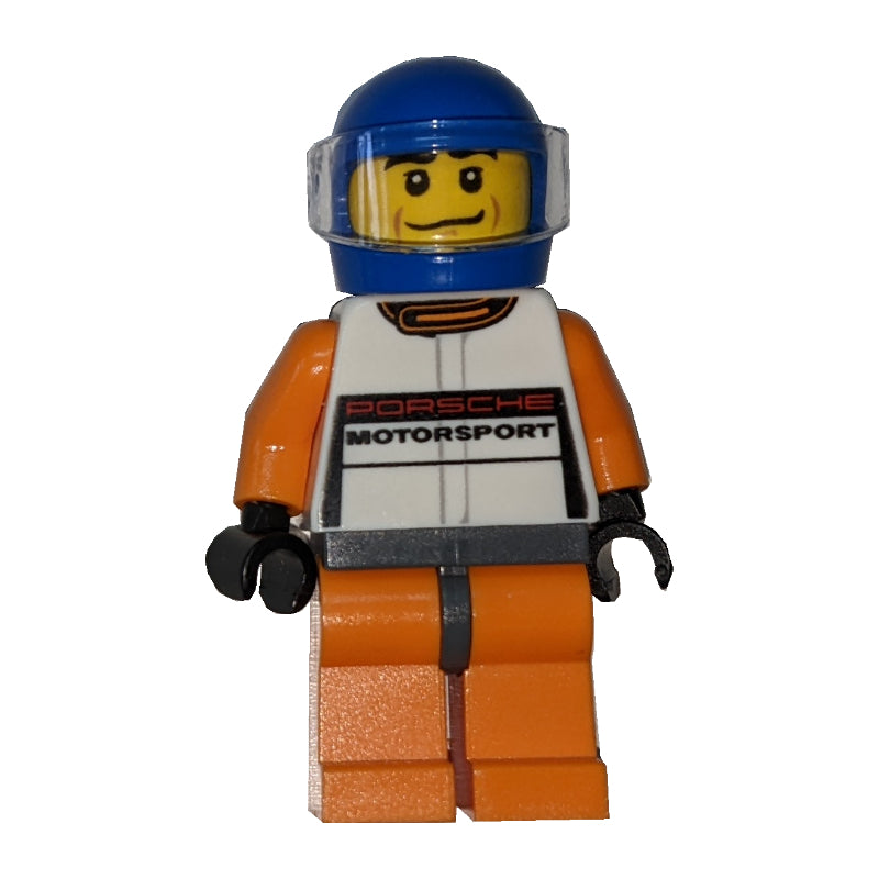 fig-007550 – Race Driver, White Torso, Orange Legs, Blue Helmet, Porsche