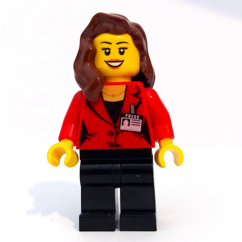 fig-007552 – Woman, Red Jacket, Black Legs, Reddish Brown Long Hair