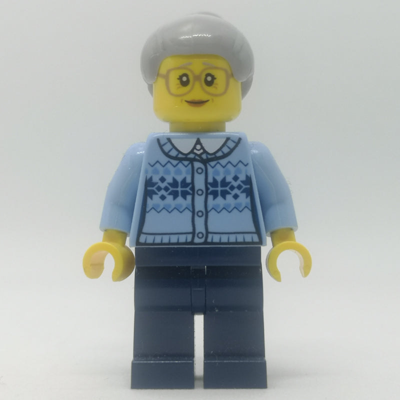 fig-007564 – Woman, Bright Light Blue Cardigan, Dark Blue Legs, Light Grayish Blue Hair