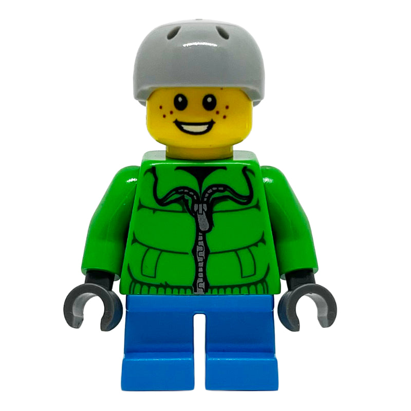 fig-007565 – Boy, Green Jacket, Short Dark Azure Legs, Light Bluish Gray Helmet