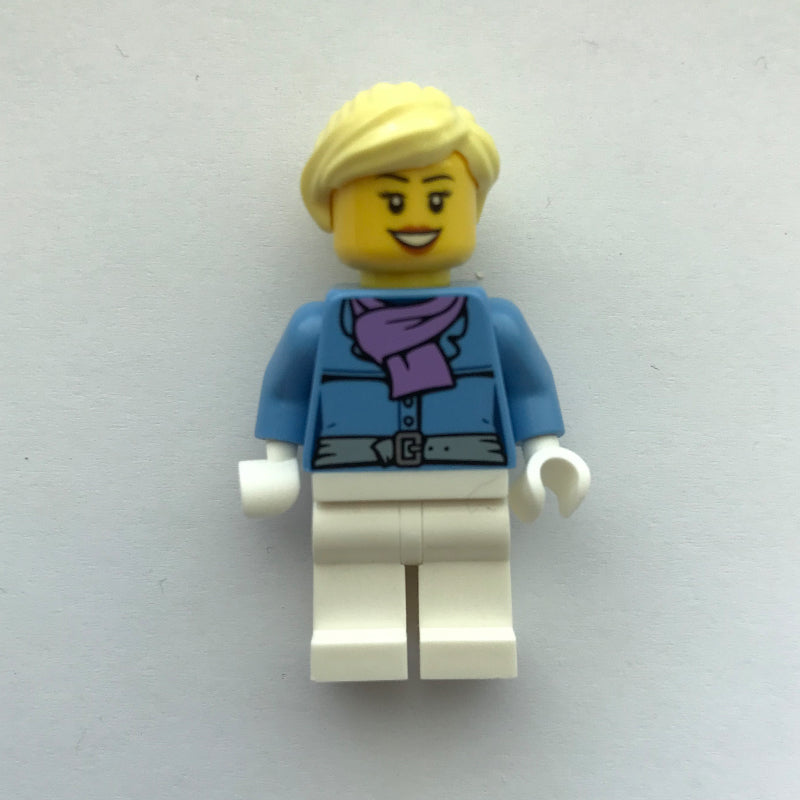 fig-007569 – Woman, Medium Blue Jacket with Medium Lavender Scarf, White Legs