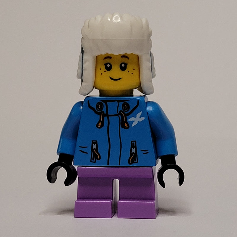 fig-007571 – Girl, Dark Azure Ski Jacket, Short Medium Lavender Legs, Dark Azure Ushanka Hat