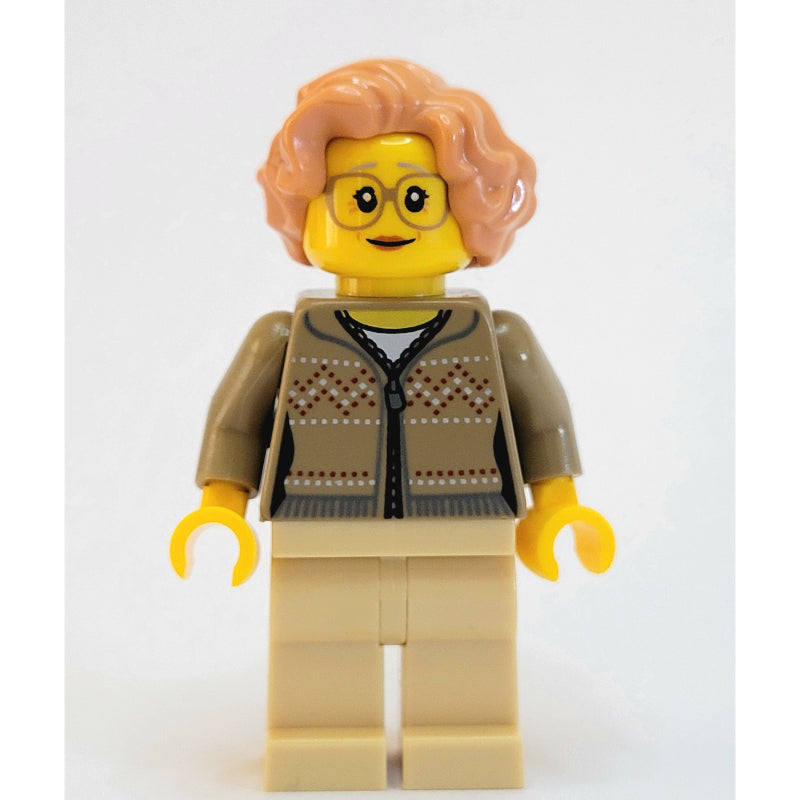 fig-007573 – Woman, Dark Tan Cardigan with Zipper, Tan Legs, Nougat Hair, Glasses