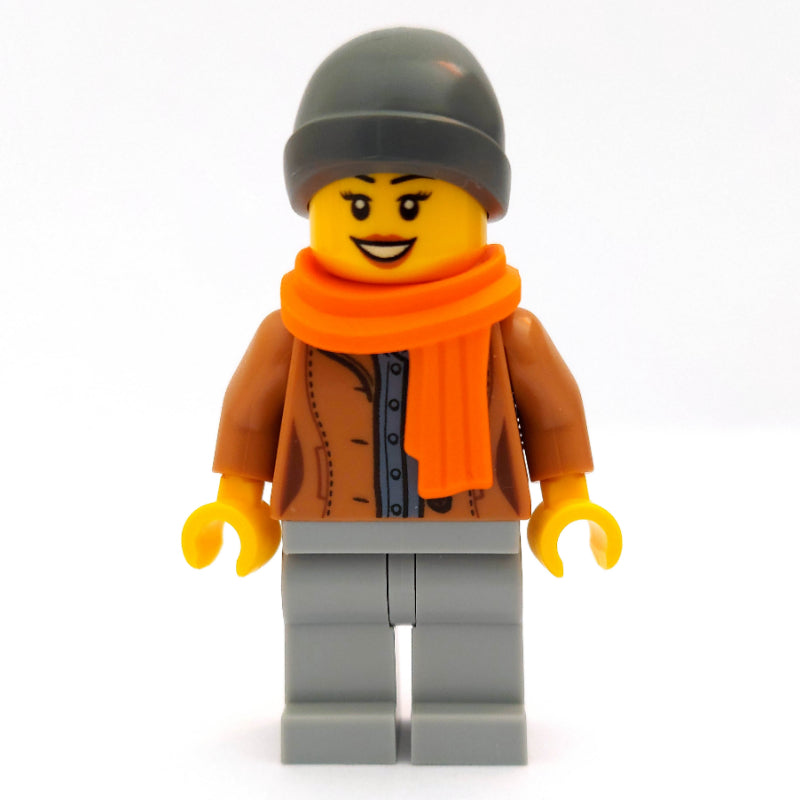 fig-007574 – Woman, Open Medium Nougat Jacket, Light Bluish Gray Legs, Dark Bluish Gray Beanie Hat, Orange Scarf