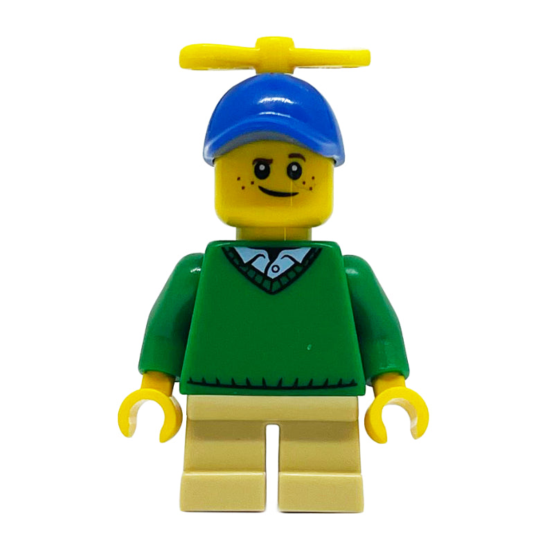 fig-007575 – Boy, Green Sweater, Short Tan Legs, Blue Cap with Propeller