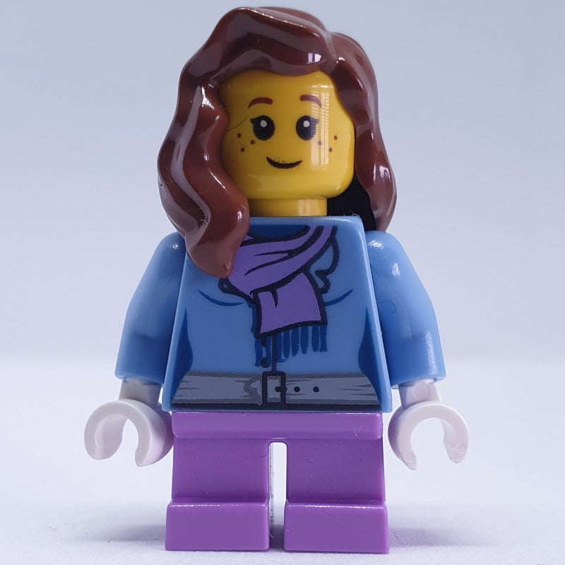fig-007577 – Girl, Medium Blue Jacket with Medium Lavender Scarf, Short Medium Lavender Legs, Reddish Brown Hair