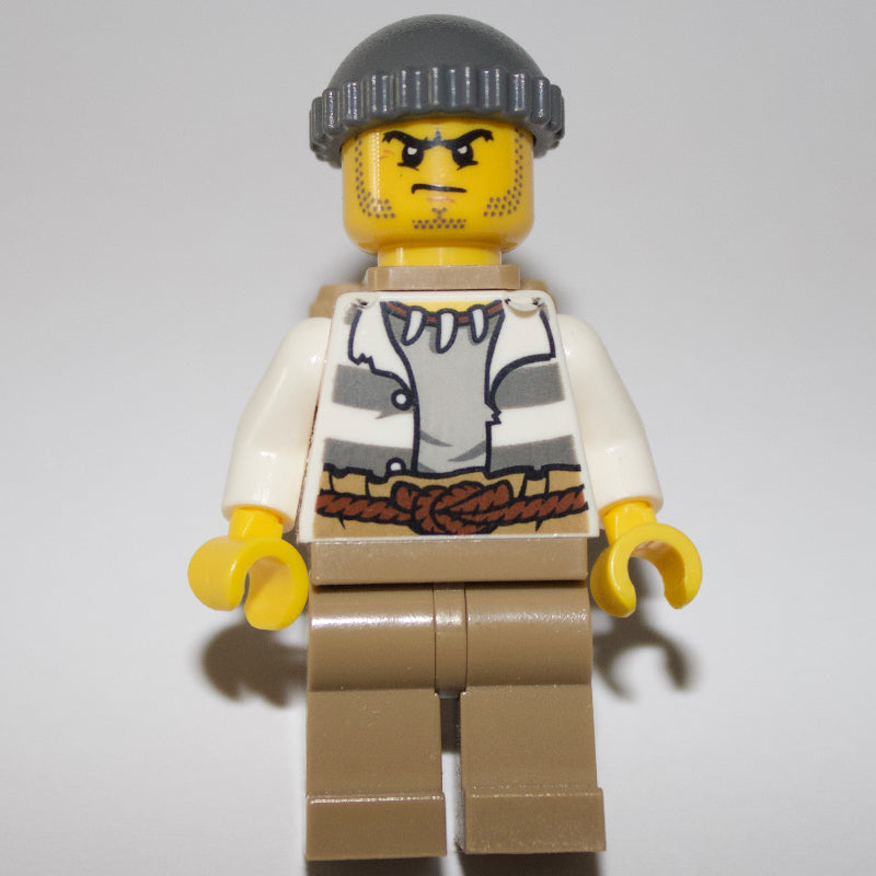 fig-007579 – Criminal, Open Prison Shirt, Dark Tan Legs, Dark Bluish Gray Hat, Backpack