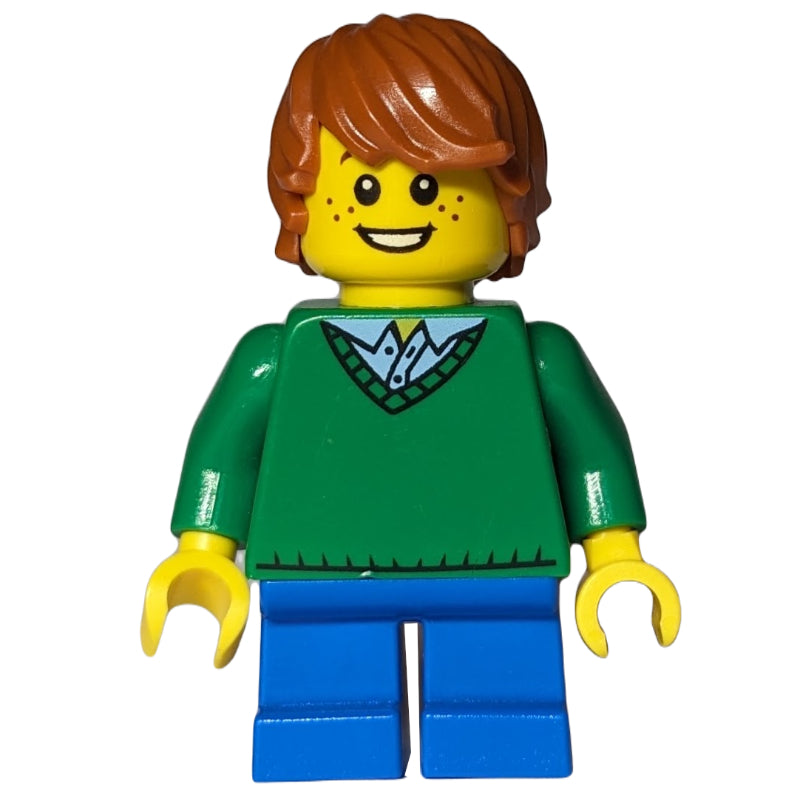 fig-007580 – Boy, Green Sweater, Short Blue Legs, Dark Orange Hair
