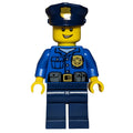 fig-007582 – Policeman, Blue Shirt with Badge and Pouches, Dark Blue Legs, Dark Blue Police Hat with Badge, Open Mouth