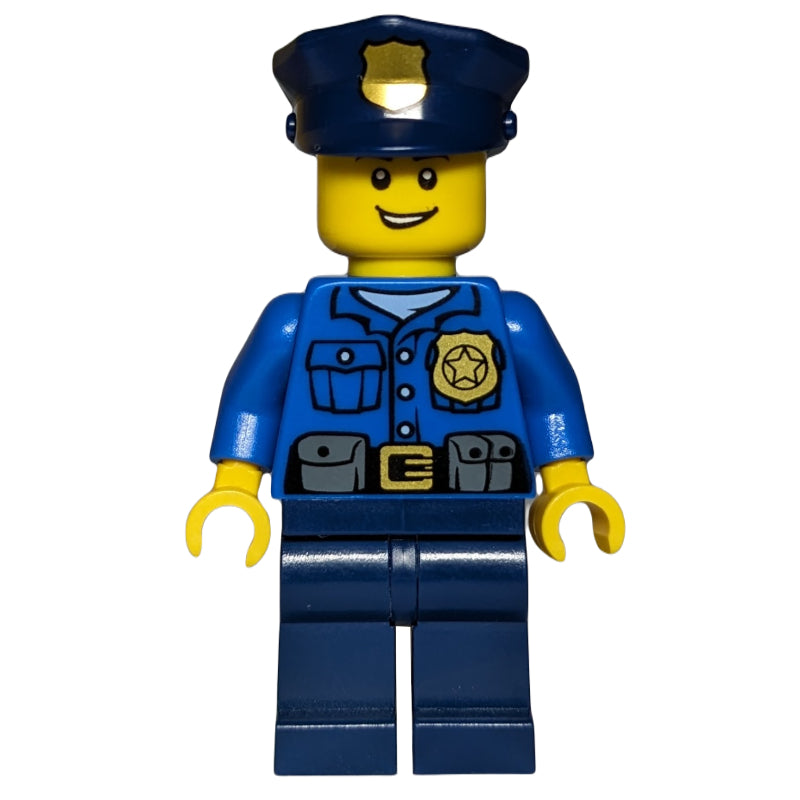 fig-007582 – Policeman, Blue Shirt with Badge and Pouches, Dark Blue Legs, Dark Blue Police Hat with Badge, Open Mouth
