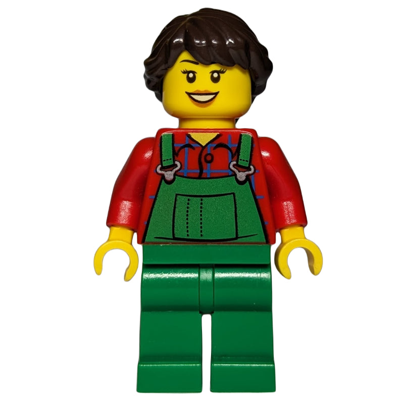 fig-007586 – Woman, Green Overalls over Red Paid Shirt, Dark Brown Hair