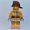 fig-007589 – Fireman, Bright Light Orange Fire Suit, Dark Red Helmet, Scar