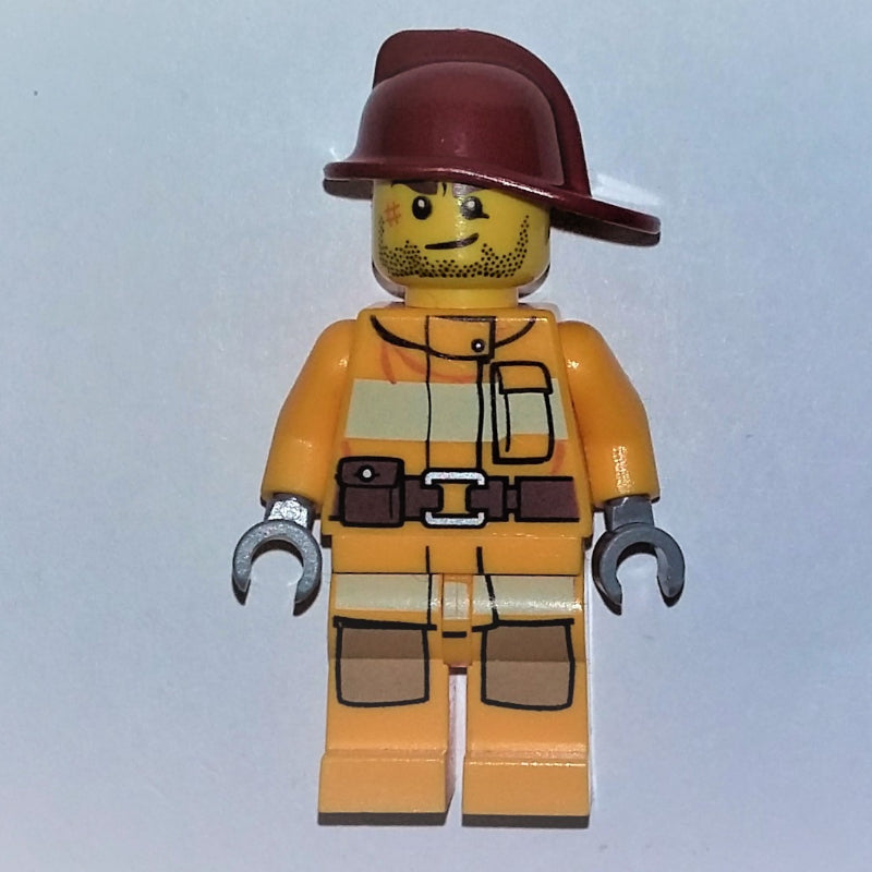 fig-007589 – Fireman, Bright Light Orange Fire Suit, Dark Red Helmet, Scar