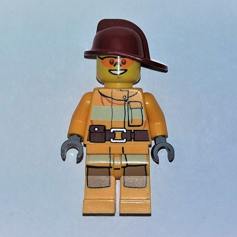 fig-007591 – Fireman, Bright Light Orange Fire Suit, Dark Red Helmet, Orange Sunglasses