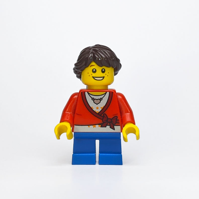 fig-007592 – Girl, Cardigan Tied with Bow, Necklace, Short Blue Legs, Dark Brown Hair