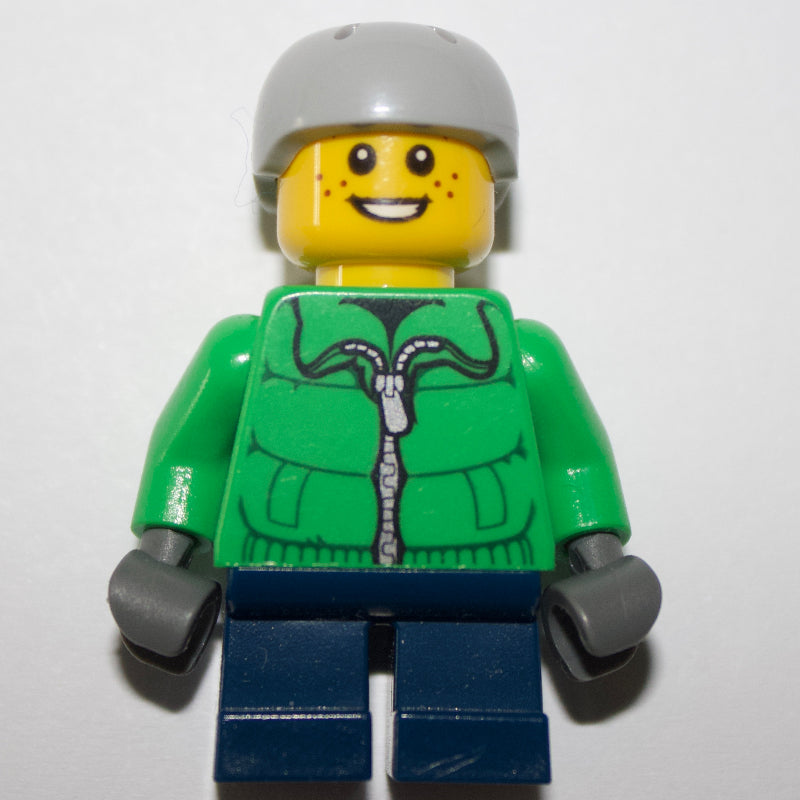 fig-007594 – Boy, Green Jacket, Short Dark Blue Legs, Light Bluish Gray Helmet