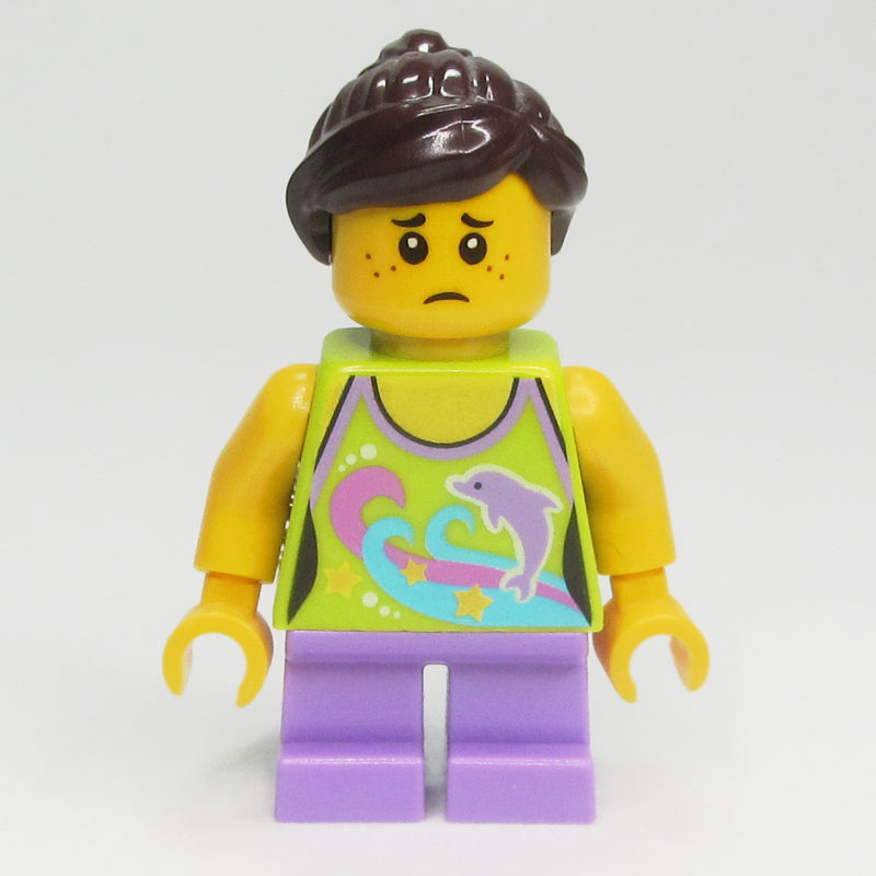 fig-007659 – Kid - Lime Torso, Medium Lavender Legs, Dark Brown Hair