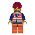 fig-007682 – Train Worker, Orange Safety Vest with Train Logo, Orange Legs, Red Hard Hat, Glasses and Beard