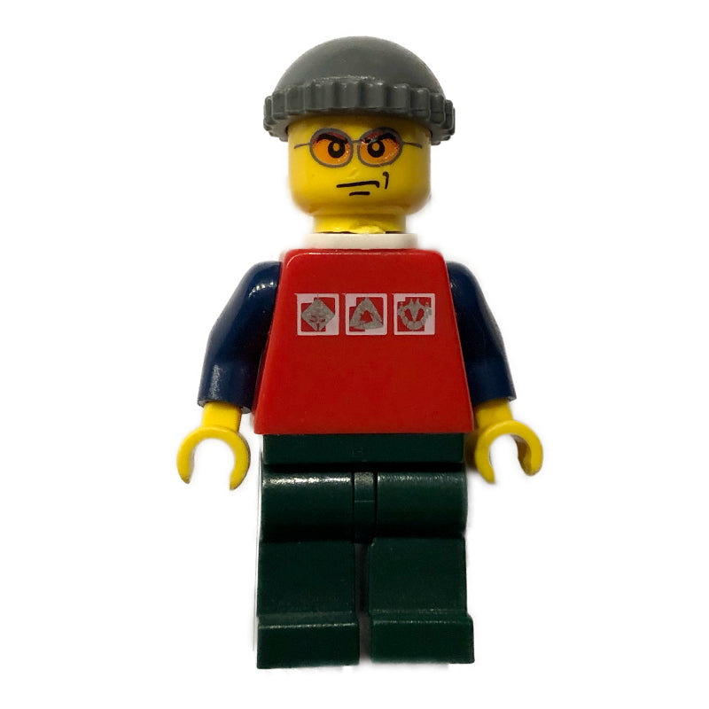 fig-007684 – Man, Red Shirt with Dark Blue Arms, Dark Bluish Gray Hat, Orange Sunglasses