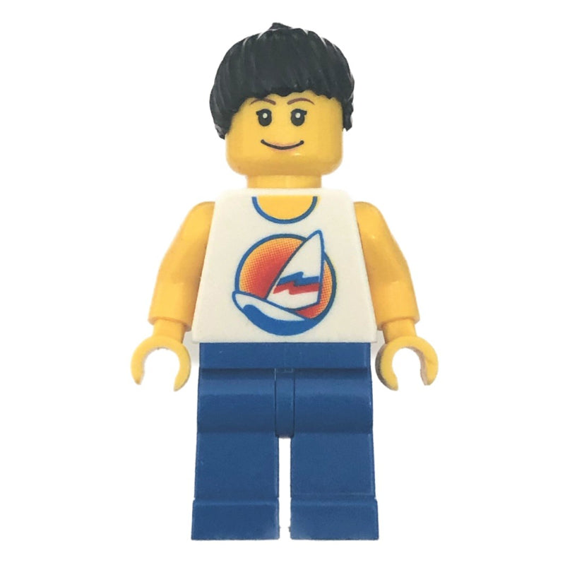 fig-007688 – Woman, White Tank Top with Windsurfer, Blue Legs, Black Ponytail