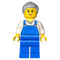 fig-007692 – Woman, Blue Overalls over White V-Neck Shirt, Light Bluish Gray Hair