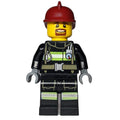 fig-007696 – Firefighter, Black Fire Jacket with Straps and Gauge, Dark Red Helmet, Goatee Beard