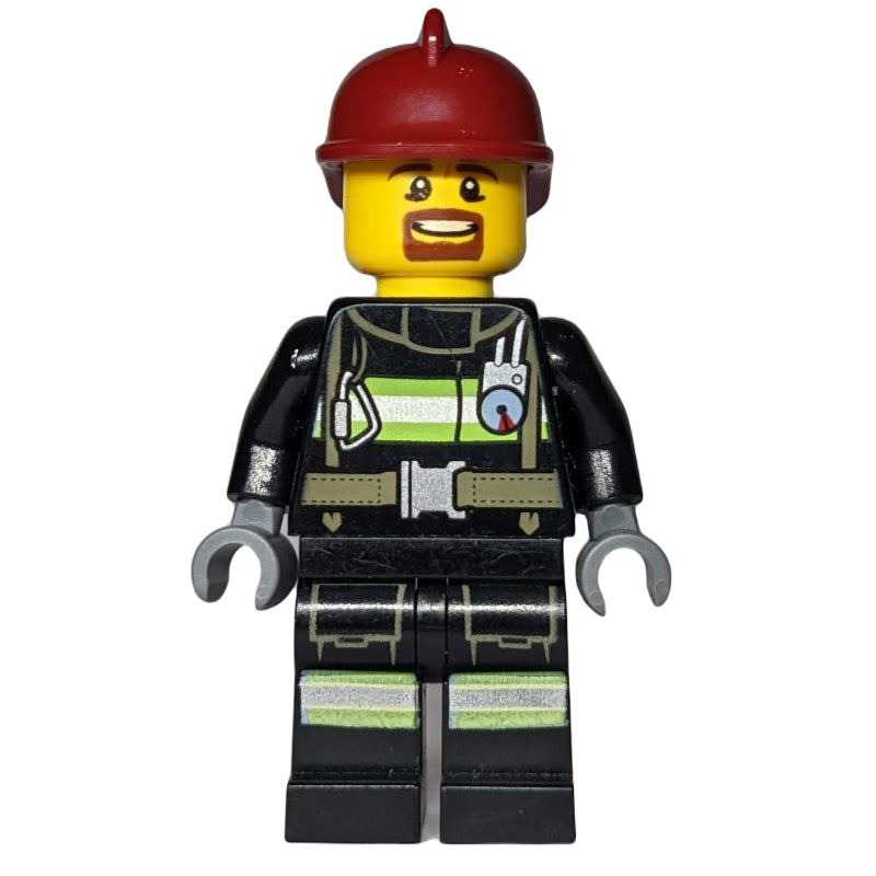 fig-007696 – Firefighter, Black Fire Jacket with Straps and Gauge, Dark Red Helmet, Goatee Beard