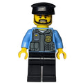 fig-007703 – Policeman, Vest with Gold Badge, Radio, and Pockets. Black Hat, Beard