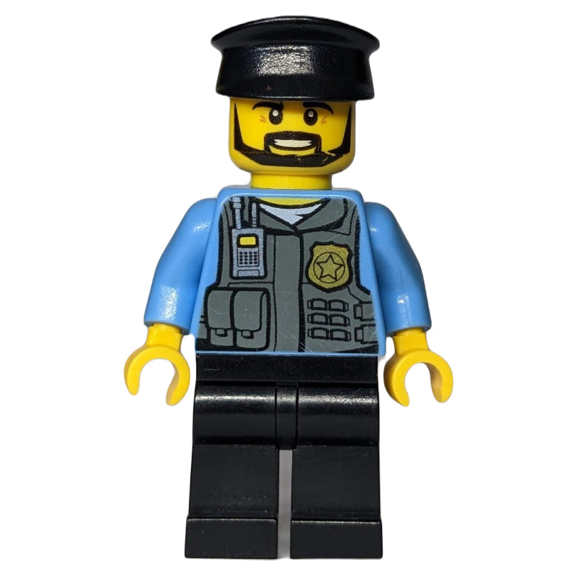 fig-007703 – Policeman, Vest with Gold Badge, Radio, and Pockets. Black Hat, Beard